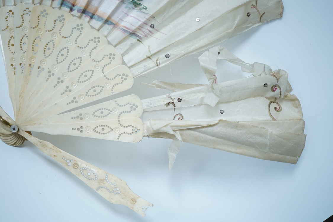 A collection of 19th century and later fans to include a black lacquered and lace example and a hand painted floral example